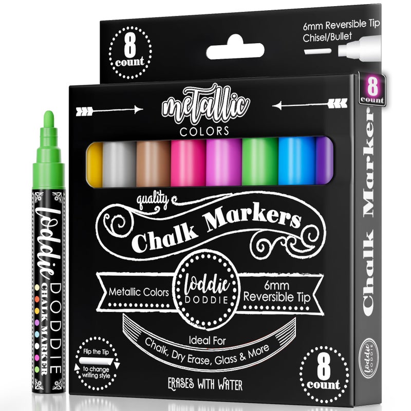 Loddie Doddie Liquid Chalk Markers - Pack of 8, 6mm Reversible Tips - Chalkboard Calendars & Blackboard Art - Chalk Paint Pens for Glass & Mirrors - Easy-Erase Window & Car Window Markers - Image 1